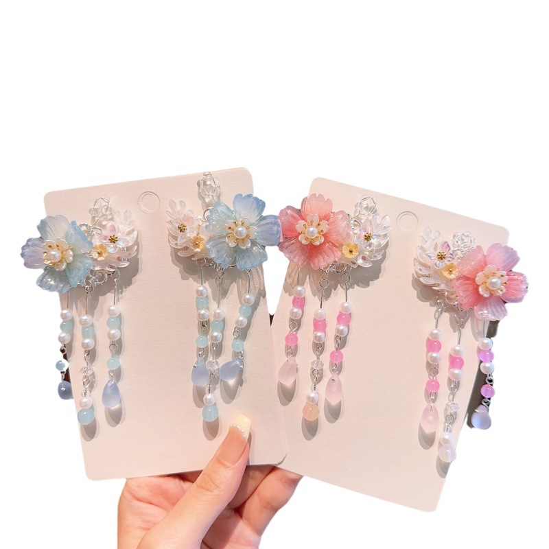 New Antique Children's Hairpin Hanfu Ancient Clothes Hair Accessories Cute Girl's Tassel Flower Hairpin Little Girl's Super Fairy Clip