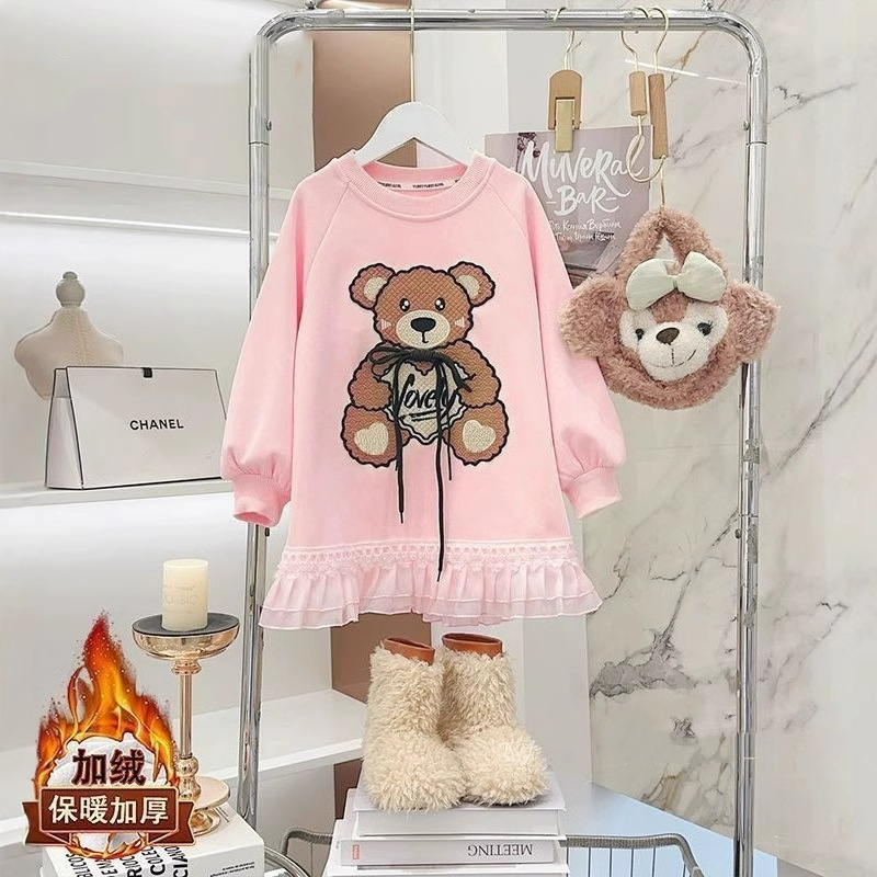 cuk girls western style sweet princess style dress girls autumn and winter new fashion cartoon fleece-lined sweater skirt