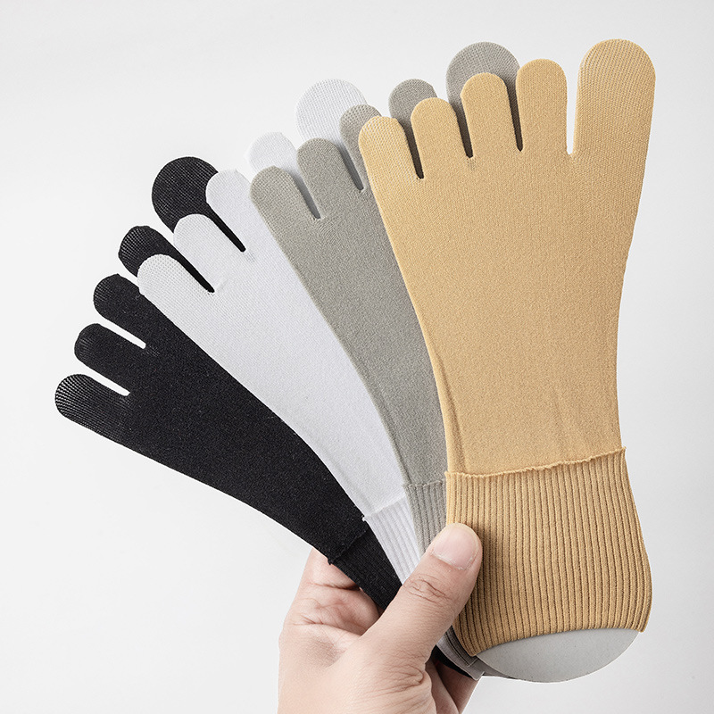 Men's Ice Silk Five-Finger Socks Cotton Sweat-Absorbing Breathable Toe Socks Long Tube Summer Thin Sub-Toe Stocking Black