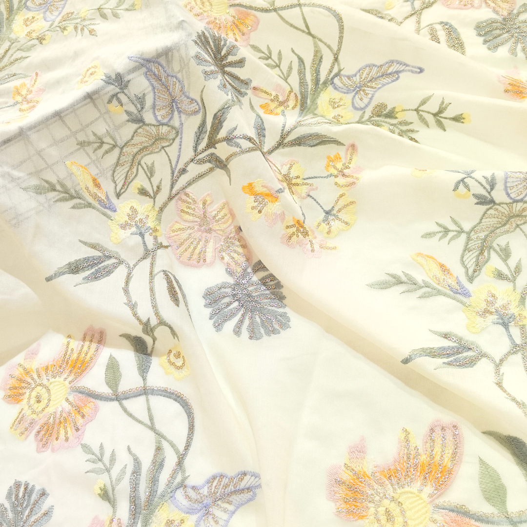 2025 New Chinese Vest Coat dress Tencel Base Cloth Golden Sequins Flower Embroidered Lace Fabric in stock