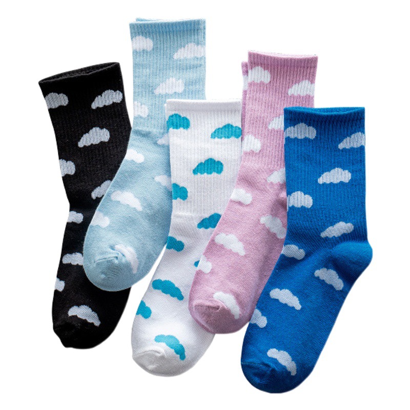 Socks Women's Sky Blue Fresh White Clouds Cotton Student Sports Mid-Tube Trendy Socks Men's Couple's Hip-Hop Skate Socks Women