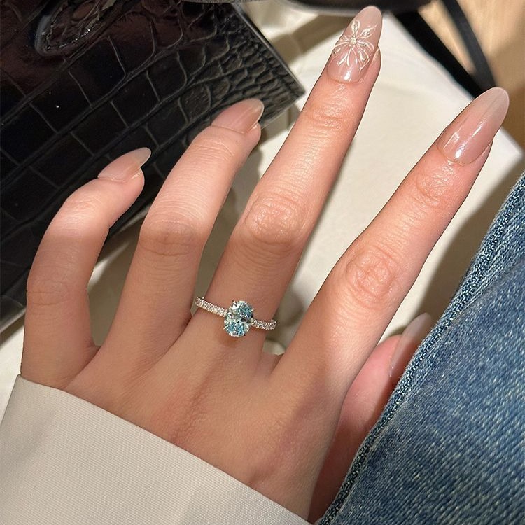 Light Luxury High-end Sky Blue Zircon Ring Women's Fresh Simple Egg Noodles Elegant Design Ring All-match High-end