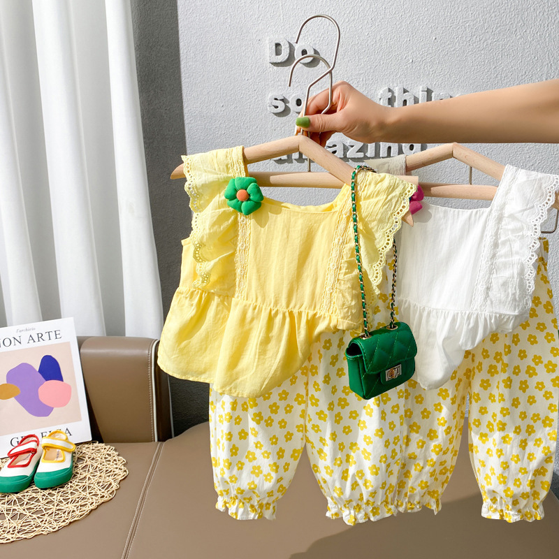Summer Girls' Suits Summer Clothes 2025 New Style Kidsren's Square Collar Sleeveless Tops and Pants Kidsren's Style Two-Piece Set