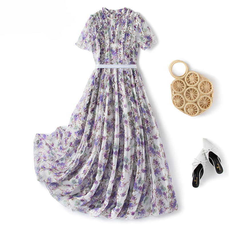 In stock Korean style plus size women's clothing 2021 summer new elegant wooden ear printed chiffon dress chubby girl dress
