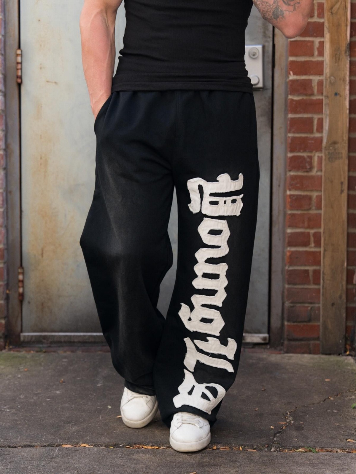 YOUNGLA American Trendy Men's Muscle Athleistic Pants Fitness Loose Straight Jogging Cotton Embroidered Pants