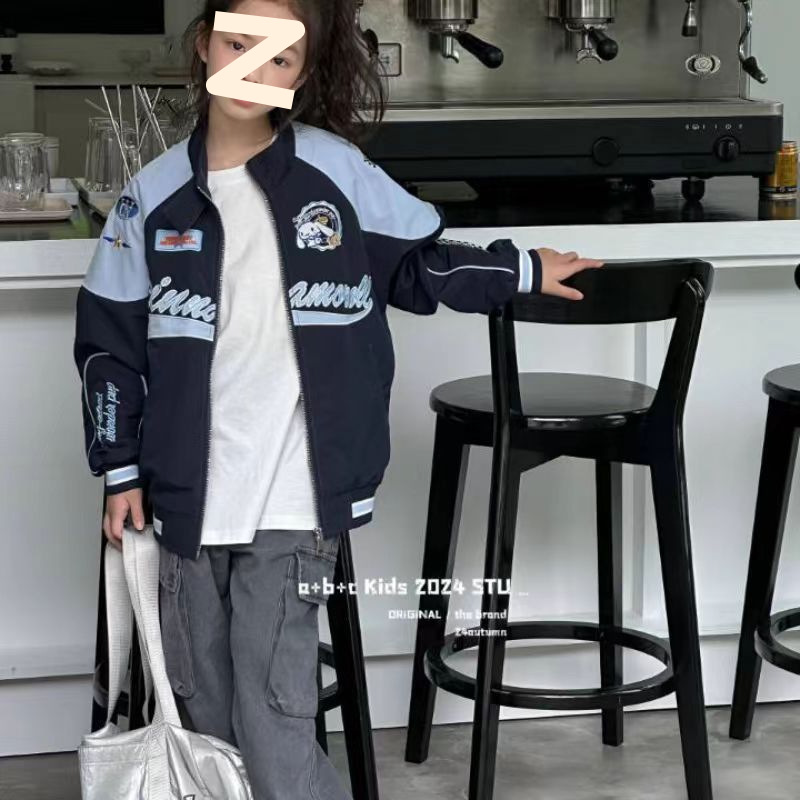 Girls' Autumn Baseball Suit Coat 2024 New Style Girl's Western Style Stitching Cartoon Zipper Cardigan Top