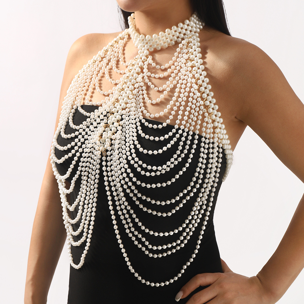 C0704 Foreign Trade Elegant Handmade Multi-Layered Tassel Pearl Chest Chain Heavy Industry Exaggerated Banquet Dress Accessories Body Chain