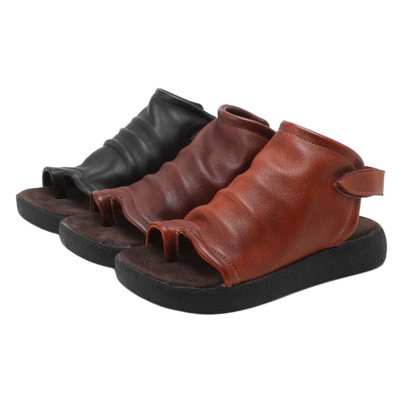 Original handmade summer New genuine leather hollow-out short boots flip-toe sandals retro casual boots Roman flat heel women's sandals
