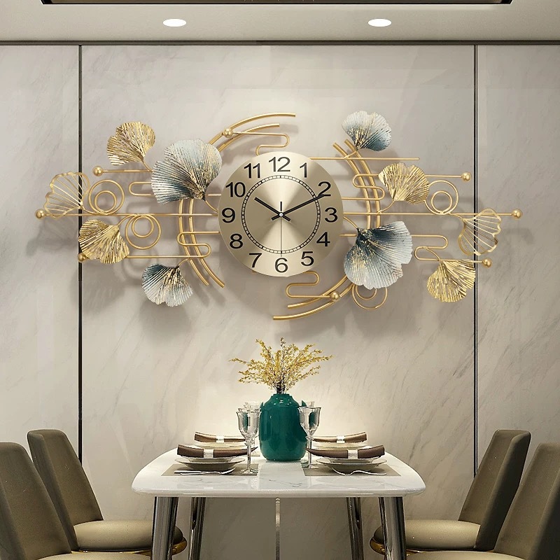 Dual-use Creative Clock and Clock Living Room Dining Room Clock Light Luxury Wall Clock Wall Clock Decorative Ginkgo Leaf Art Large Wall Watch