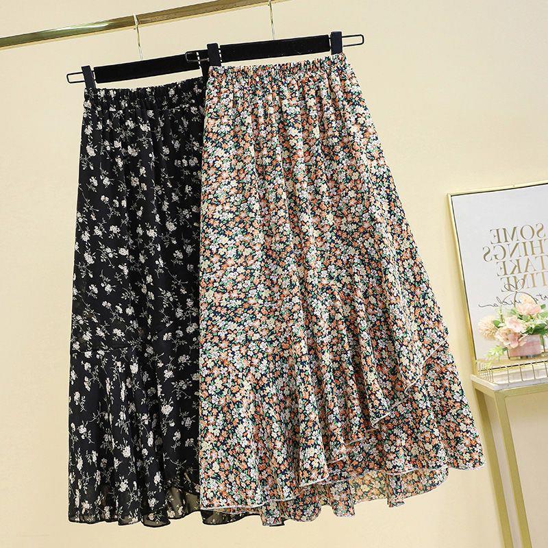 plus size Women's 2024 Chubby Sister Summer New Chiffon Floral Skirt Hip Covering Slimming Irregular A- Line Skirt