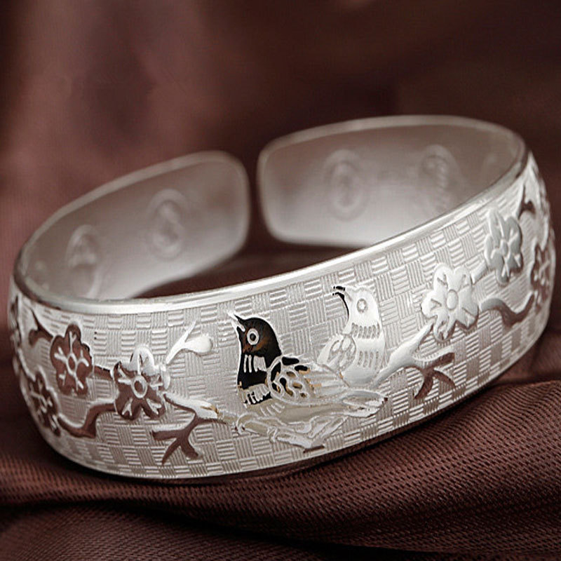 Silver plated eyebrow bracelet ladies plum blossom Magpie bracelet National Wind opening silver bracelet manufacturers wholesale