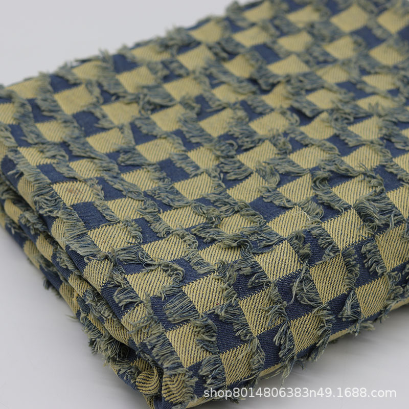 Picture of Wasteland Style Nostalgic Color Checkerboard Plaid Jacquard Washed Denim Fabric Clothing Fabric Jeans Jacket Non-Elastic