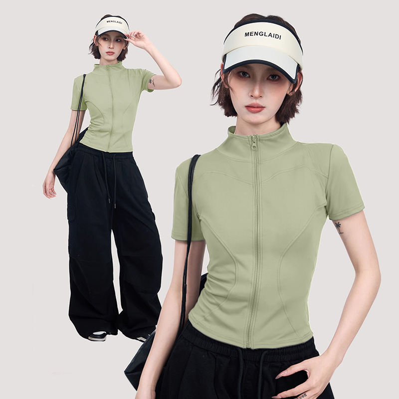 Grey Yoga Clothing Sports Short-sleeved Top Women's Summer and Summer Slim-fit Short Shoulder Quick-drying T-shirt with Tight Waist and Half-high Neck