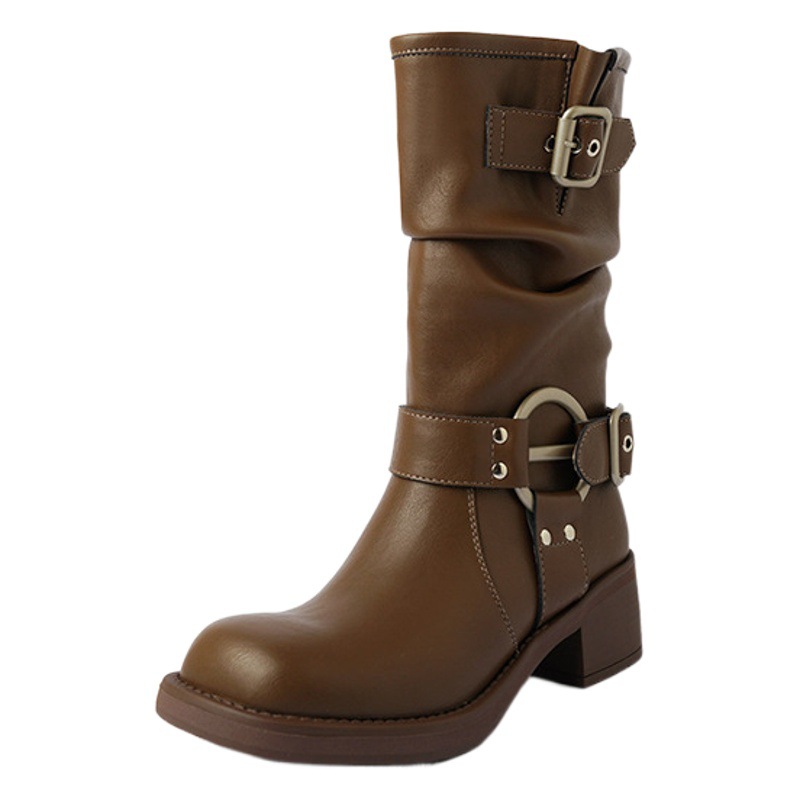 European and American Western belt buckle pile boots mid-calf boots women's high boots Knight boots Martin boots