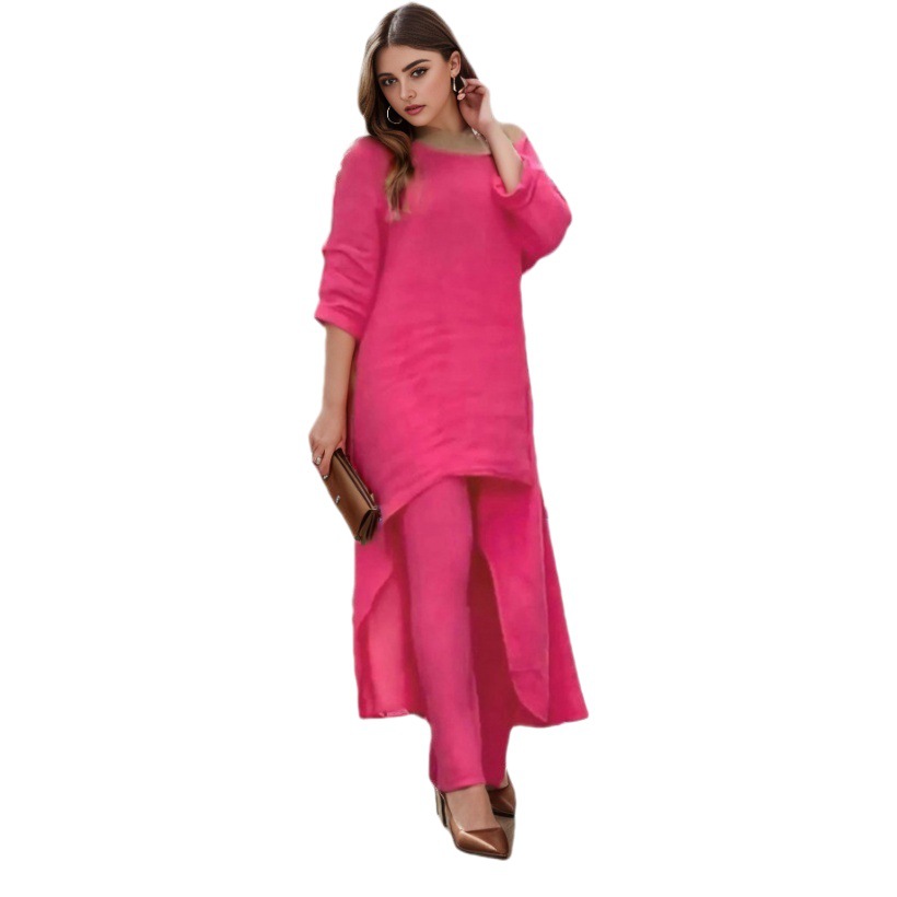 Picture of 2023 European and American New Women's Cotton and Linen Fashion Casual plus size Irregular Long-sleeved suit Wide-leg Pants Two-piece Set