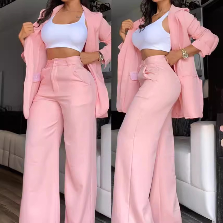 Picture of Cross-Border 2024 European and American Export Summer Women's Clothing Elegant Pure Color Slit Sleeves Lapel Suit Straight Pants Suit for Women