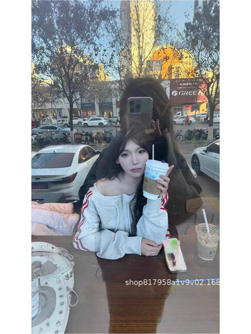 Picture of American Style One-word Collar Shoulder Long-sleeved Sweatshirt Women's 2025 New Spring and Autumn Spice Girl Casual Slim-fit Sports Slim Top