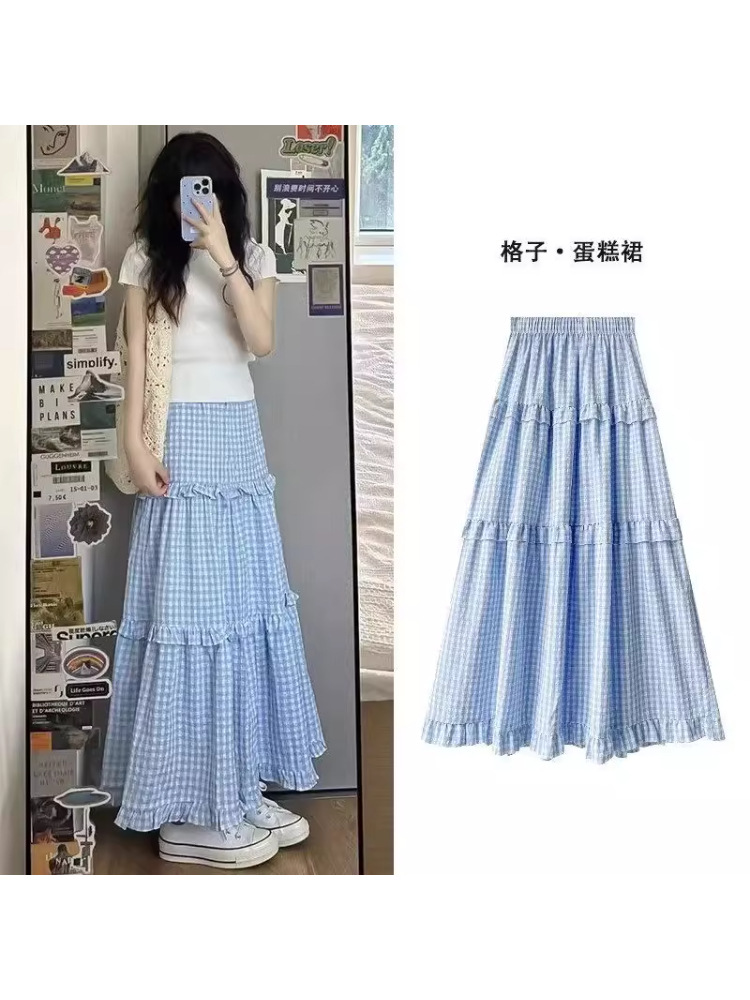 Blue gentle small fresh plaid skirt women's autumn 2025 new high-waisted A-line skirt midi cake skirt
