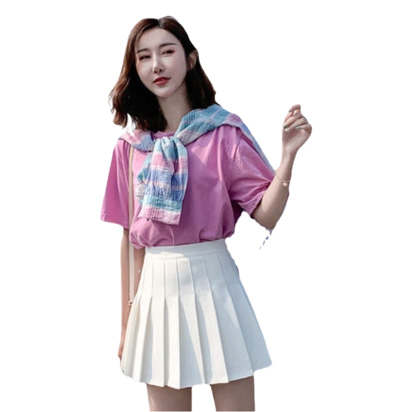 White pleated skirt women's summer skirt black high waist A- line short skirt gray 2021 plus size chubby girl