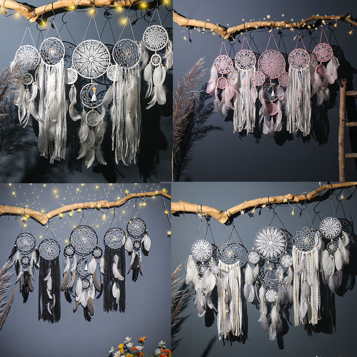 Ins Style Dream Catcher Wall Decoration Five-Piece Set Dream Catcher Bedroom Bedside Wall Hanging Star Moon Dream Catcher