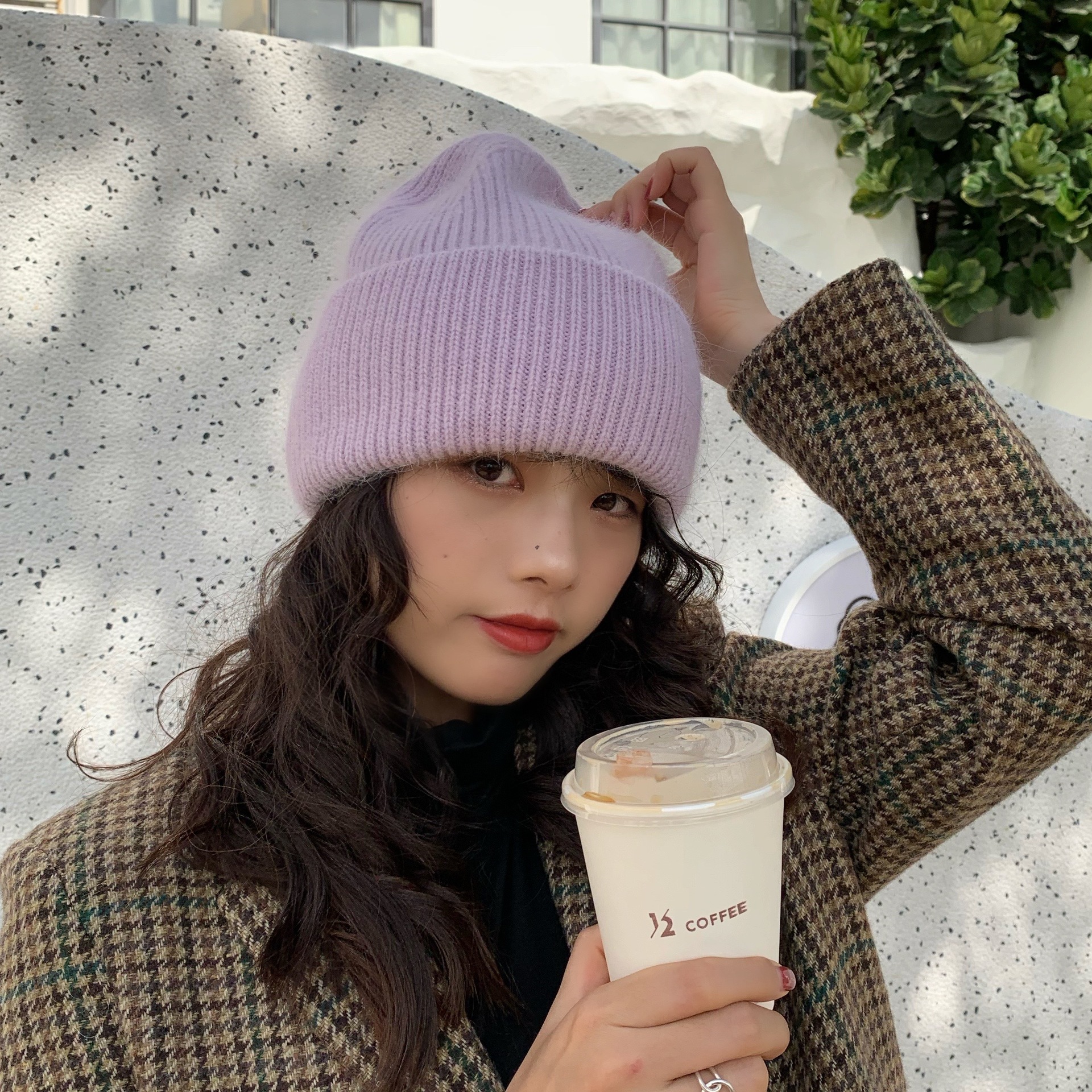 Picture of Korean Winter Knitted Hat with Large Brim for Women, Windproof Pullover Round-Top Adult Rabbit Fur Wool Hat