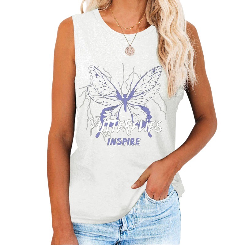 Spring AliExpress Cross-border shirt New Letters Butterfly Printed Loose Round Neck Sleeveless T-shirt