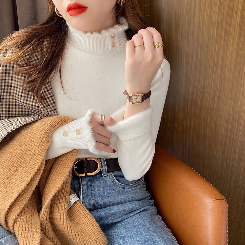 Picture of One-Piece Velvet Sweater for Women, Warm Inner Wear, 2024 Autumn and Winter Design, Western-Style Bottoming Shirt, Thick Velvet Half Turtleneck Top