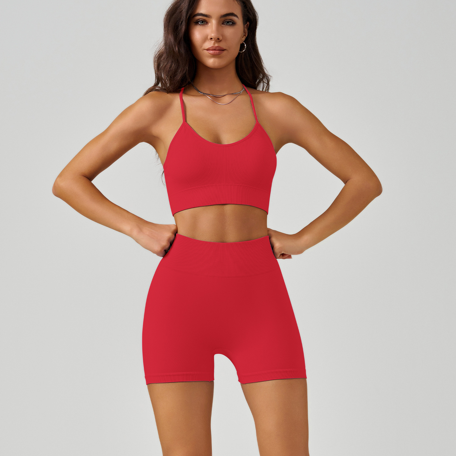 Picture of Cross-Back Yoga Vest suit Thin Shoulder Strap Sports Bra High Waist Belly Peach Hip Yoga Shorts