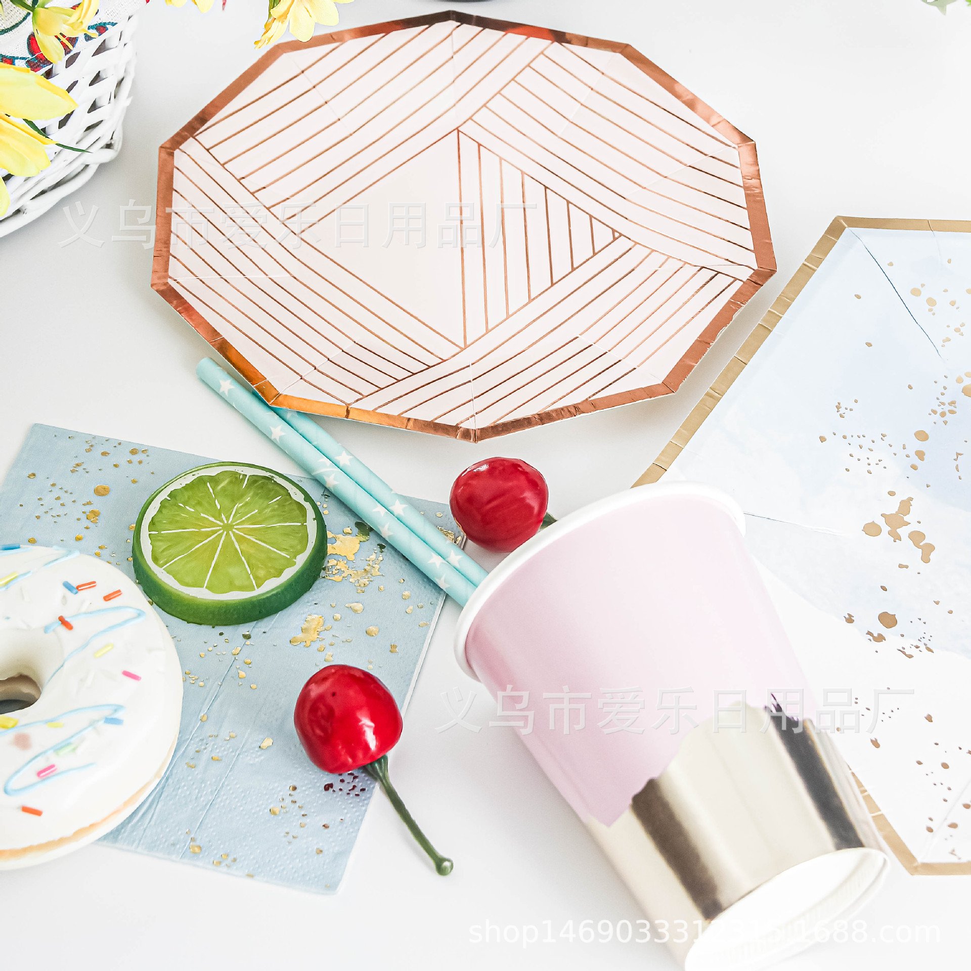 Picture of New ink blue hexagonal hot stamping paper plate wedding ceremony birthday party paper cups paper towels cross-border for now
