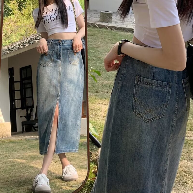Vintage Split Denim Skirt Women's Summer 2024 New High Waist Slimming Skirt A- Line Hip Mid-Length Skirt