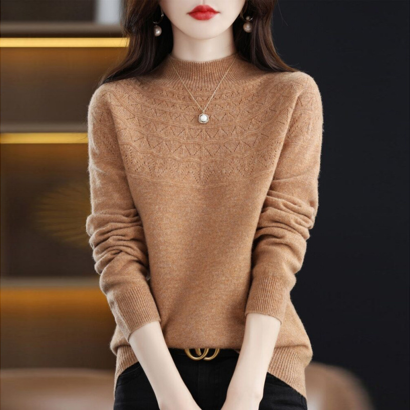 Cashmere Sweater Women's Half Turtleneck Slimming Look One-Line Ready-To-Wear Seamless Wool Knitted Bottoming Sweater Autumn and Winter Cut Out Loose Top