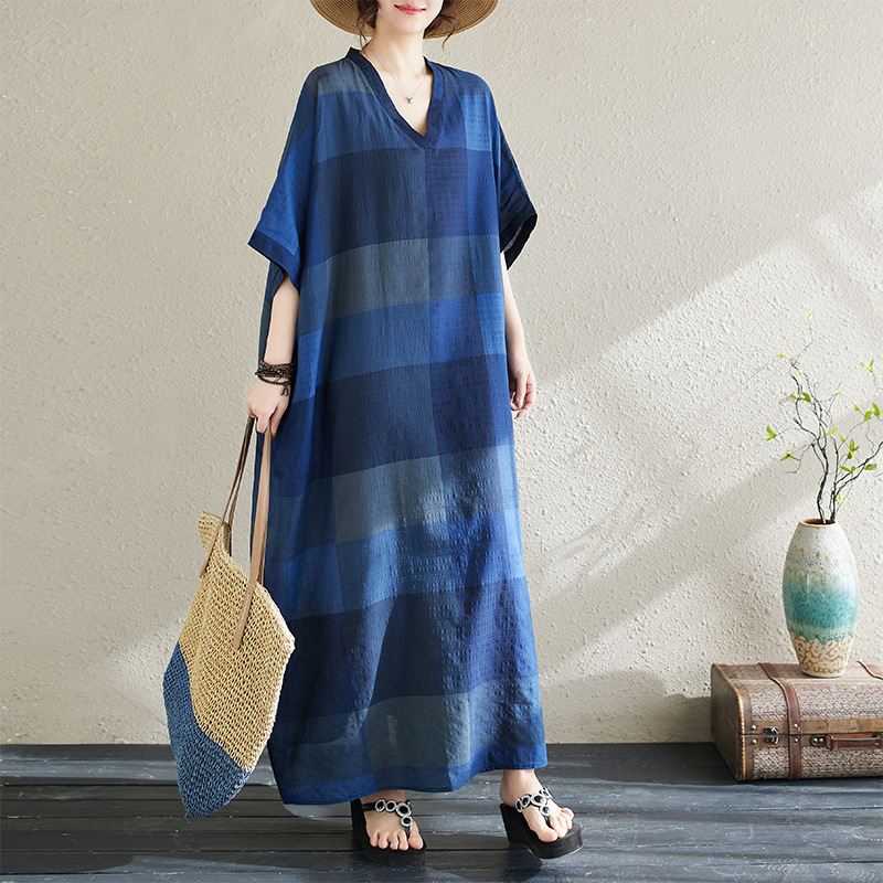 Bohemian Vintage Printed V-Neck Large Size Dress for Chubby Girls New Artistic All-match Artistic Large-length Dress for Women