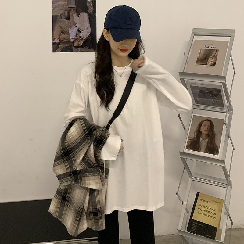 200g cotton white long-sleeved T-shirt women's 2023 autumn versatile loose sweater undershirt short-sleeved top