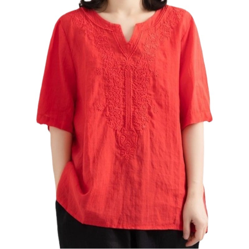 Cotton and Linen Shirt Women's Retro 2024 Summer New Thin Breathable Loose Slimming Look Artistic Elegant Pure Color Top