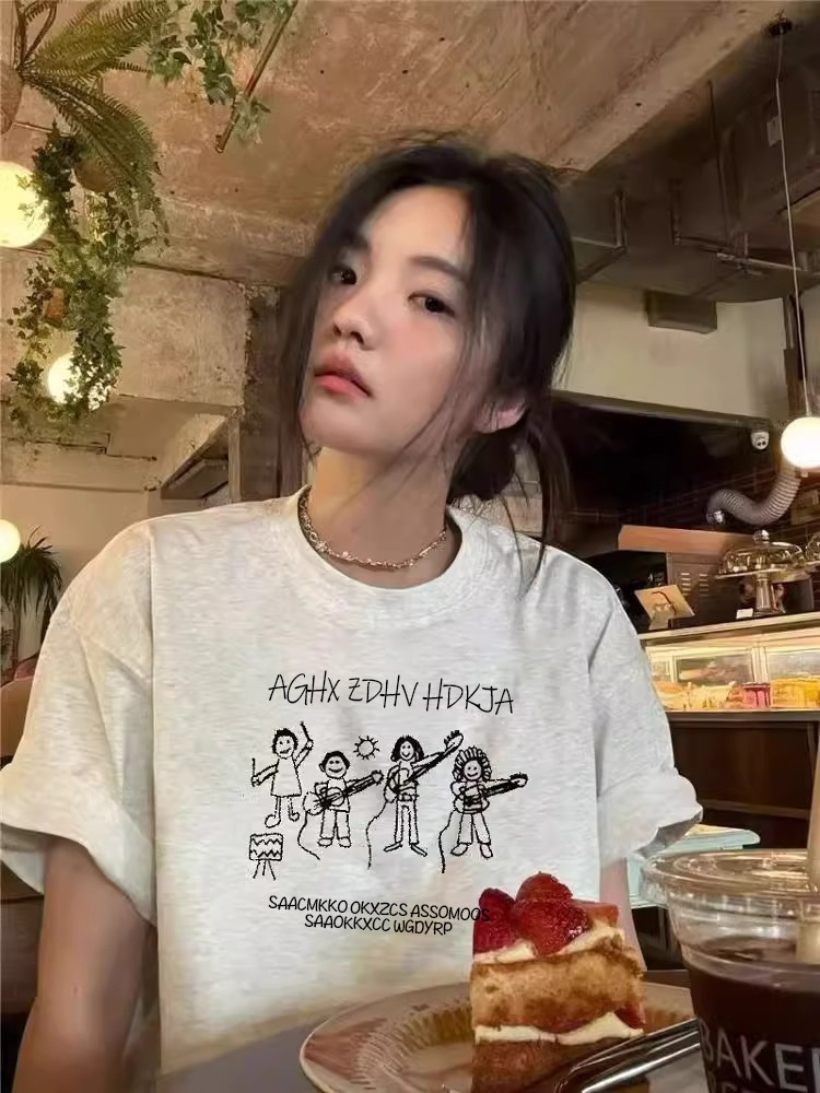 Cotton American Shoulder Grey Short-sleeved T-shirt Women's 2025 New Summer Loose Design Niche Half-sleeved Top
