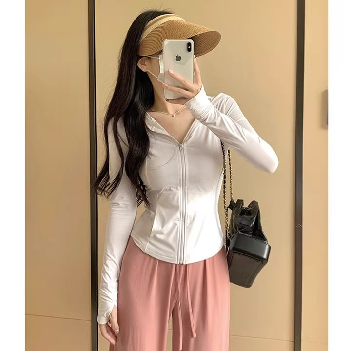 Pink Ice Silk Sun Protection Clothing Women's Summer Slim Yoga Clothing Coat Tight Top 2024 New suit Cardigan