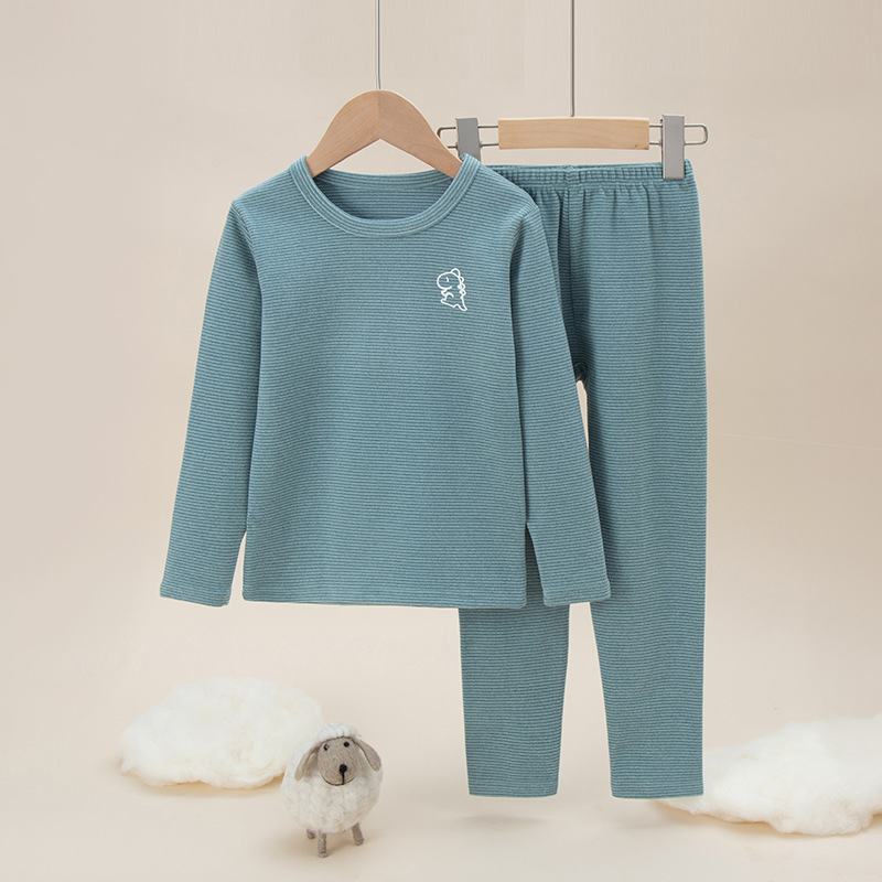Picture of Children's double-sided brushed plush Long Johns boys and girls winter thermal underwear suit mid-collar bottoming striped pajamas