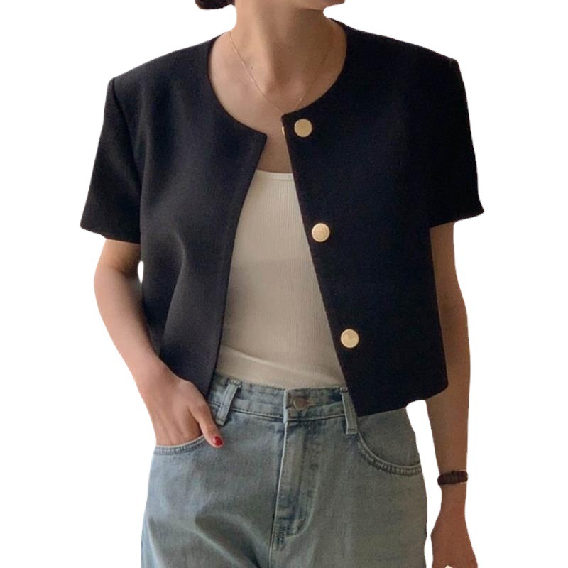 Picture of Korean Chic Summer Small Fragrant Style Round Neck Single-Breasted Casual Versatile Puff Sleeve Short Outwear Women's Small Shawl