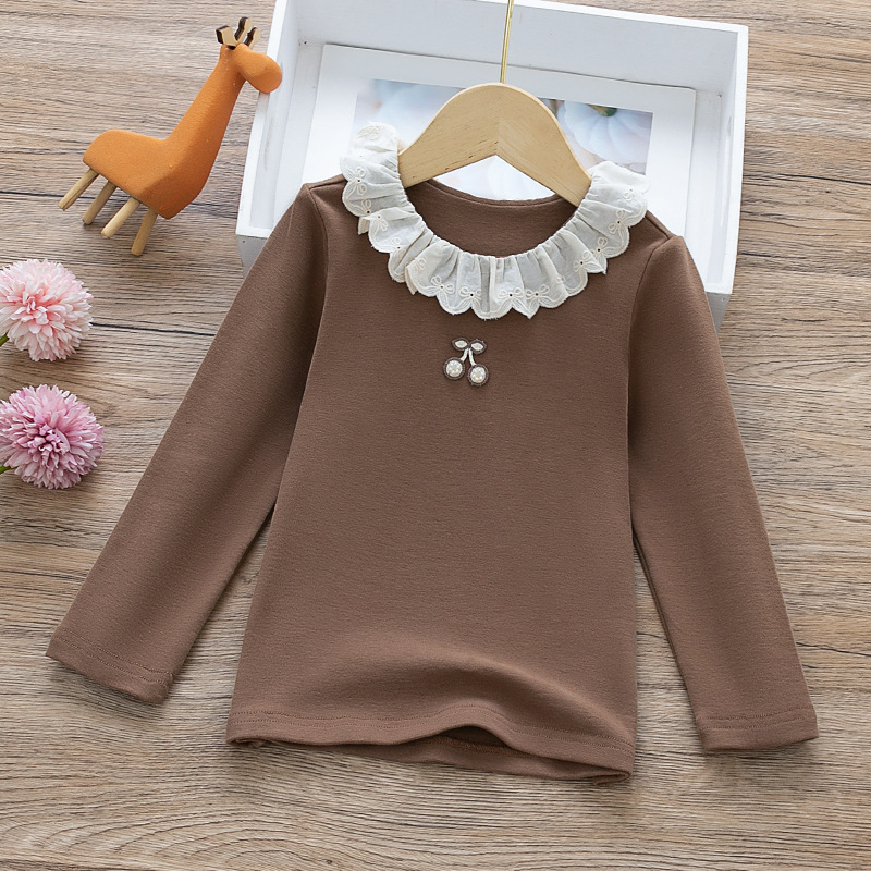 Autumn New Kidsren's Clothing Kidsren's Korean Hot Stamping Pure Color Bottoming Shirt Lace Collar Girls Spring and Autum Brushed T-Shirt 20131