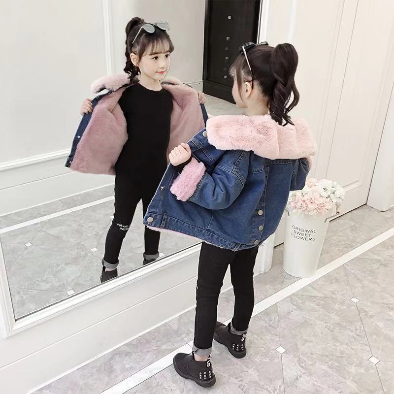 Girls' Coat Autumn and Winter 2019 New Children's Korean-style Winter Western-style Fleece-lined Thickened Baby's Denim Winter Cotton-padded Coat