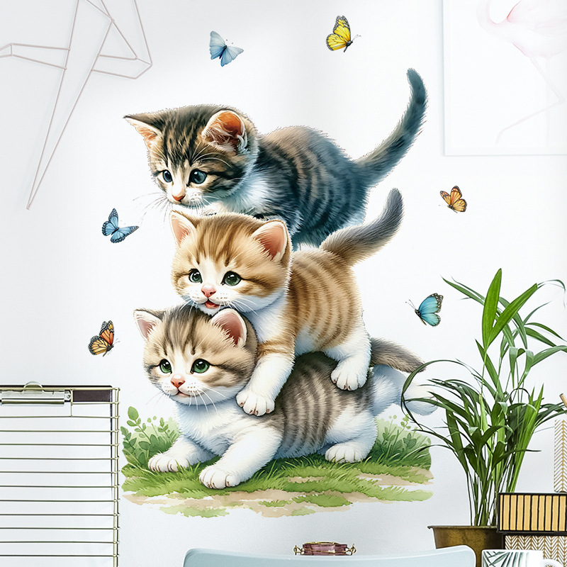 Realistic Pet Stickers Three Cats Toilet Stickers Bathroom Glass Decorative Wall Stickers Butterfly Lawn Pet Shop Wall Stickers