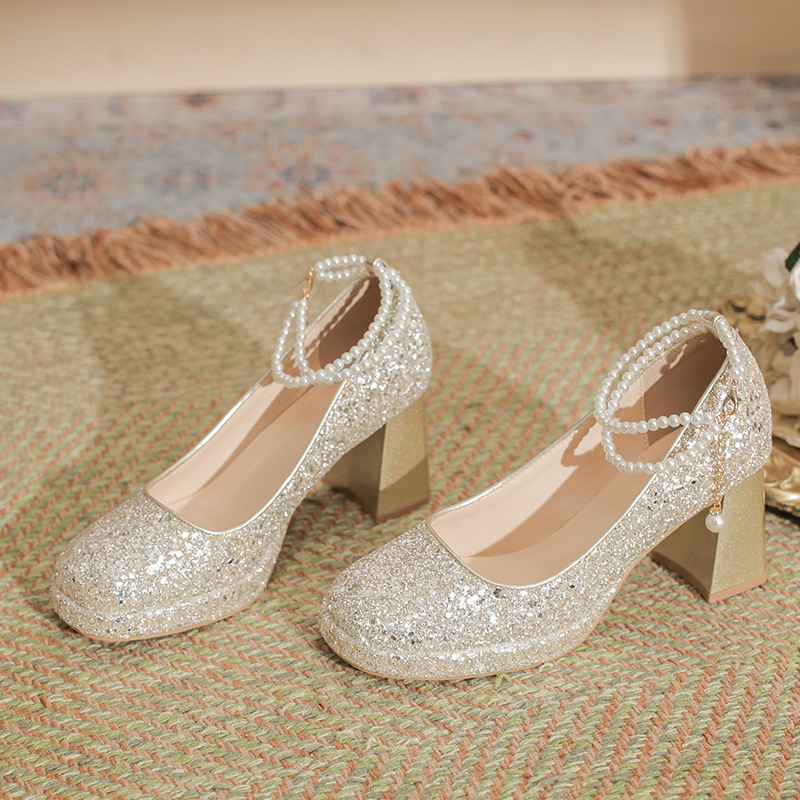 Xinyue 568-X10 Waterproof Platform High Heels Thick Heel Square Toe Flats 9cm Small Height Increasing Sequin Pearl Chain