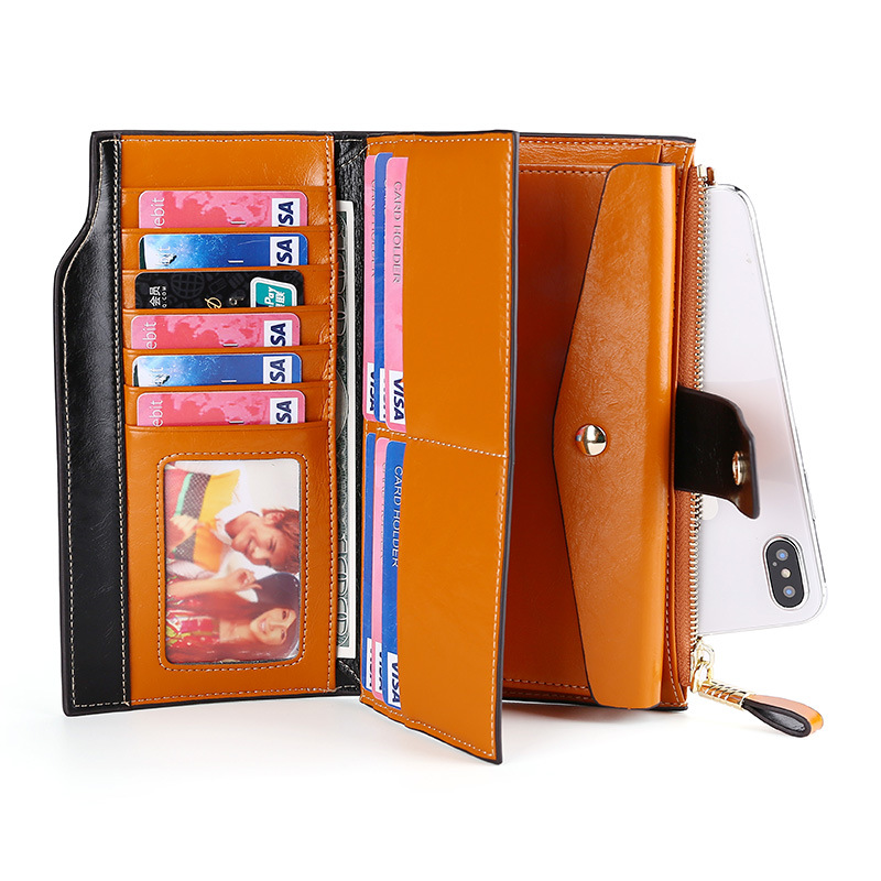 Picture of Cross-Border Genuine Leather Long Women's Wallet Rfid Anti-Theft Multi-Card Slot Wallet Retro Oil Wax Leather Girls' Clutch Bag