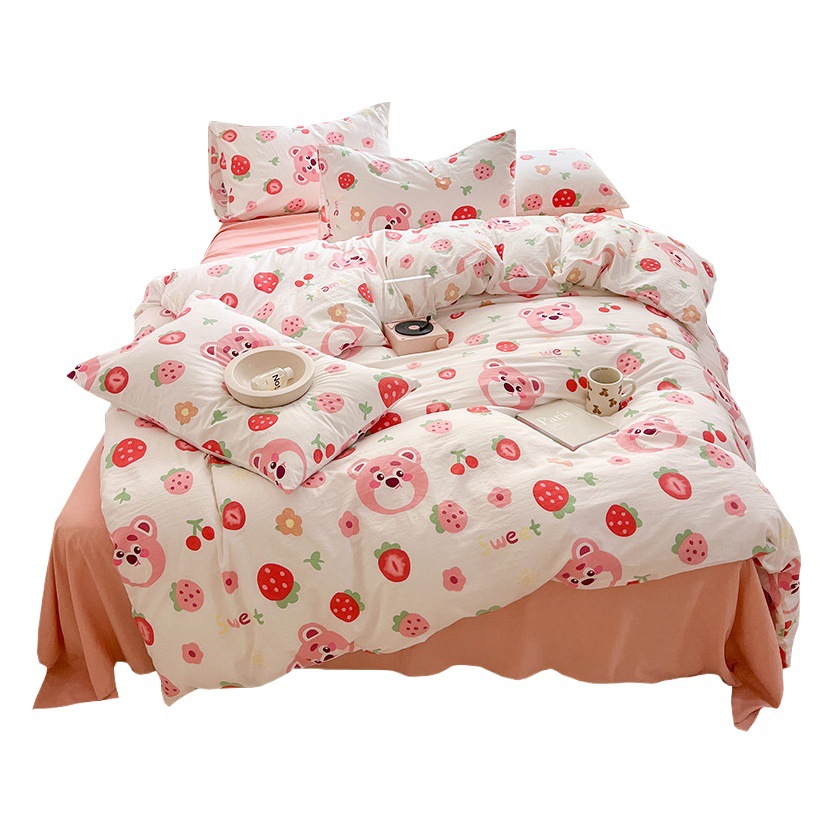 Class a Double-Layer Yarn Washed Cotton Four-Piece Set of Cotton Bed Sheetss and Quilt Cover Student Dormitory Three-Piece Set of Fitted Bed Sheetss and Bedding 4 Comfortable