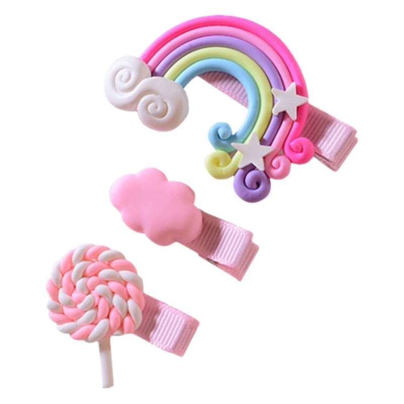 3-Piece Set of Children's Hair Clips, Rainbow Lollipop Hairpins, Cloud Duckbill Clips, Side Clips, Hair Accessories, Rainbow Style