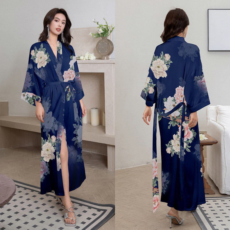 Picture of Yaoting Satin Printed Pajamas for Women Summer Large Size Accessible Luxury Three-Quarter Sleeves Cool Long Nightgown Home Wear Women Wp2669