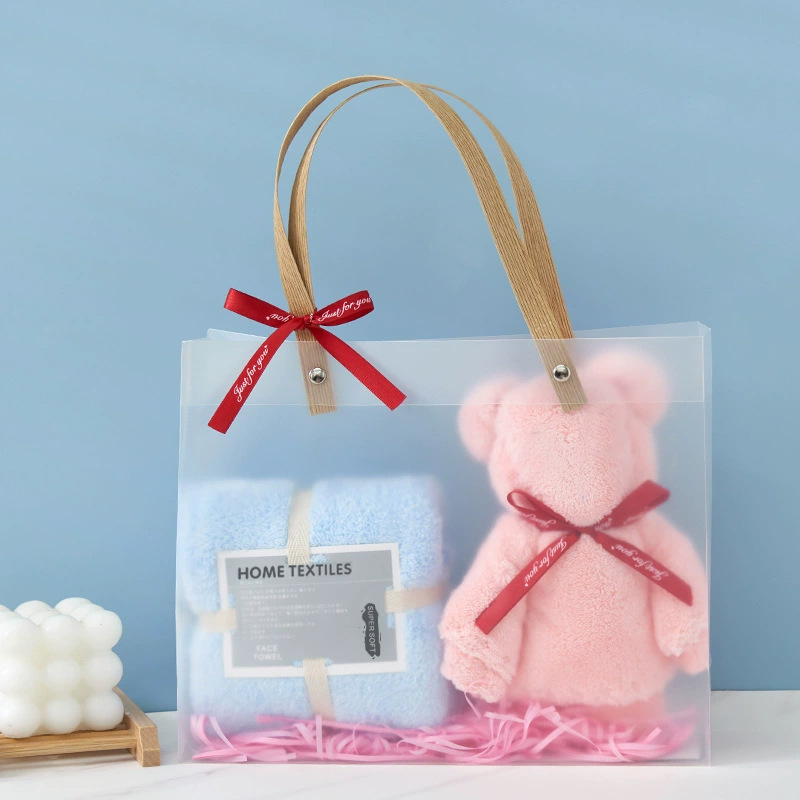 Picture of Coral Velvet Towel Pvc Double Satchel Gift Box Bear Holiday Wedding Souvenir Towel Gift Towel Embroider