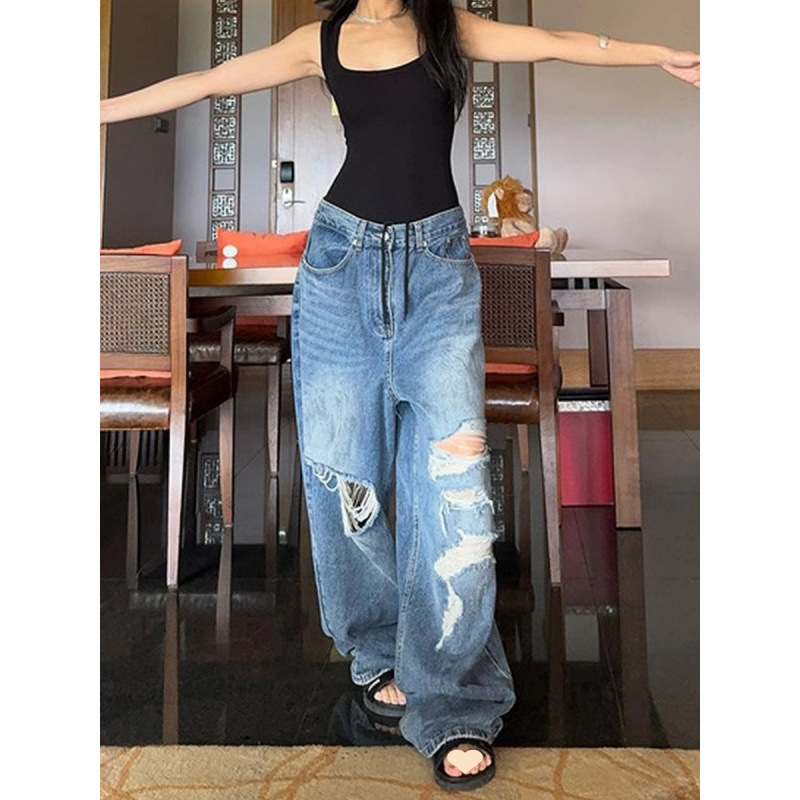 European and American High Street Design Sense Grinding Hole Jeans Women's New Wasteland Style Old Washed Trousers European and American Fashion