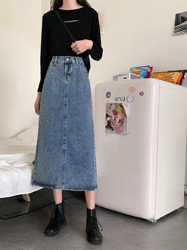 Split Denim Skirt Women's Summer Thin 2024 New Mid-length High Waist A- line Skirt Slimming Hip Long Skirt