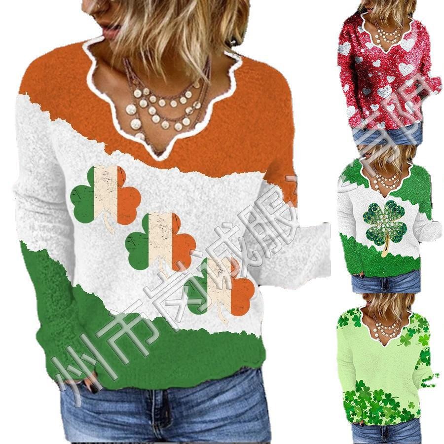 Spring and Summer 2023 European and American Independent Station Amazon Cross-border Printed Wave Collar T-shirt Women's Sweater